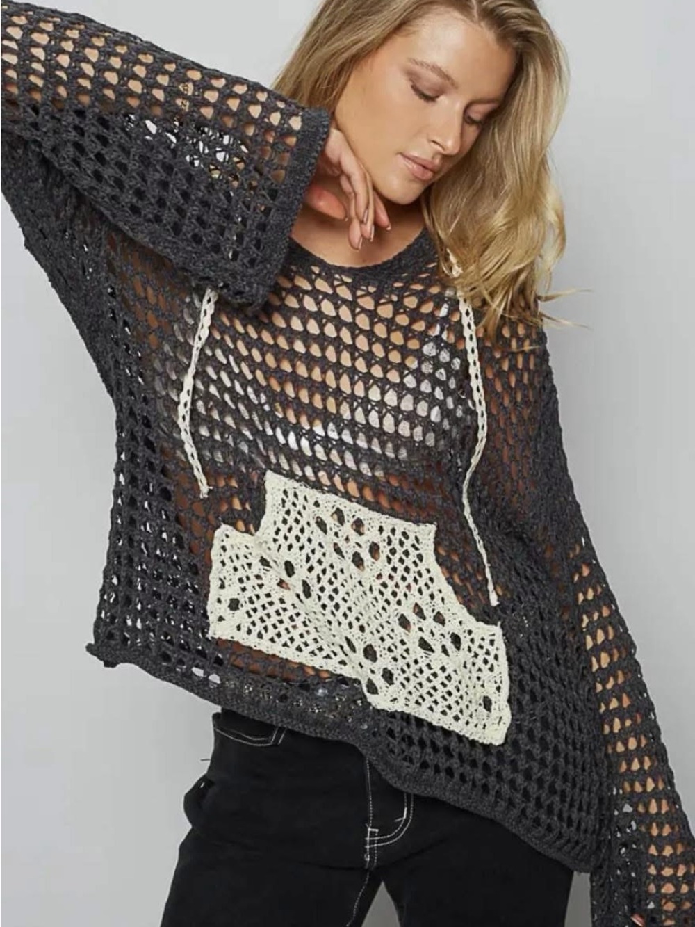 POL Charcoal Crochet Open-Knit Sweater with Cream Pocket